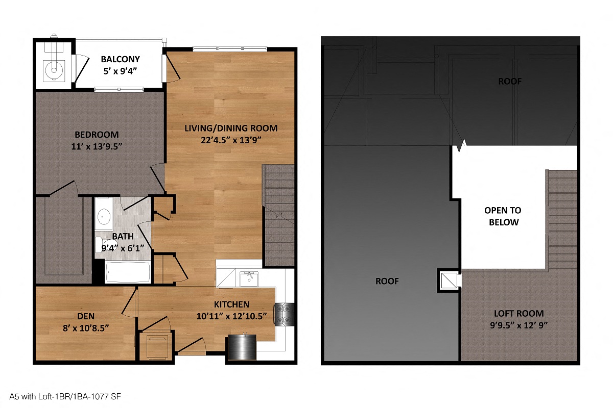 Floor plan for 1 bed, 1 bath, 1077 sqft